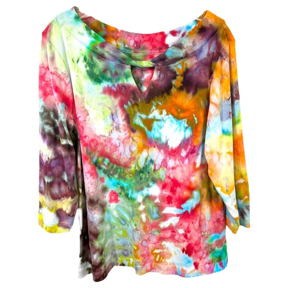 Chico's Large Top Handmade Tie Dye Keyhole Neck 3/4 Sleeve Boho Festival 1738 - Picture 1 of 13